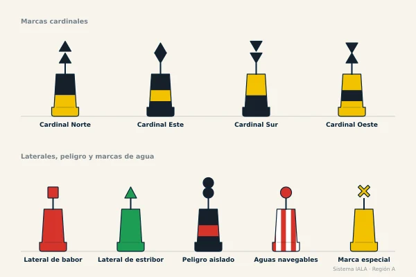 las nueve marcas del sistema IALA Región A con su color y su marca de tope
