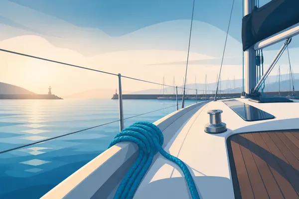 cubierta de un velero en puerto, un cabo sobre la regala, luz suave de amanecer