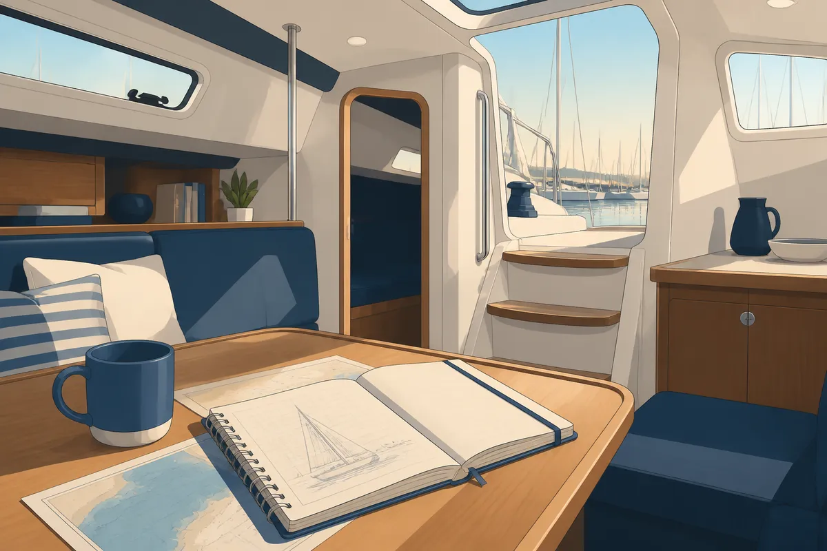 cabina de velero en puerto, cuaderno náutico sobre la mesa, luz de tarde
