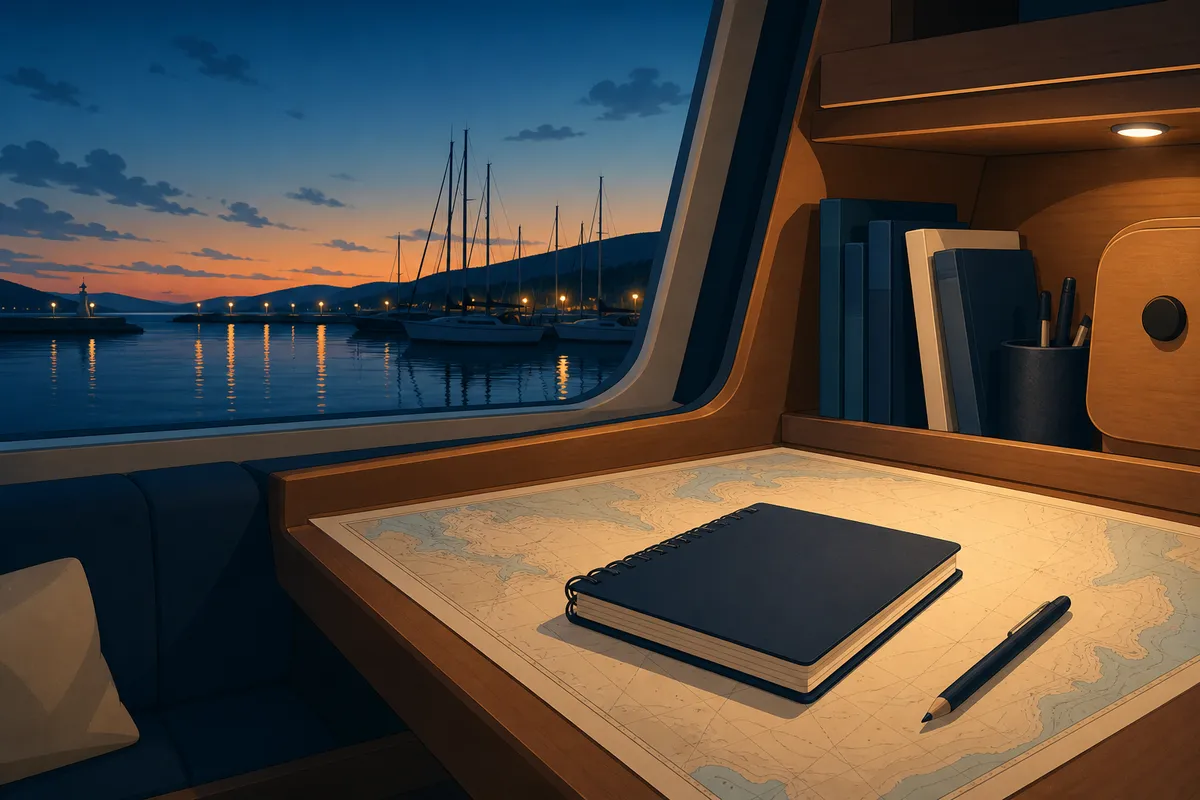 puerto deportivo al anochecer, un cuaderno sobre la mesa de cartas, luz cálida de cabina