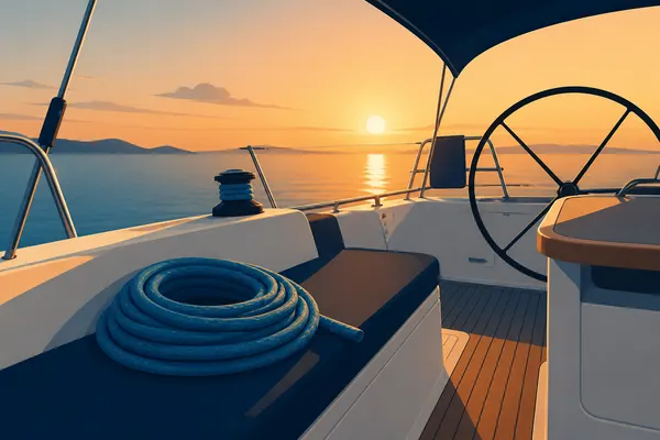 bañera de velero al atardecer, un cabo enrollado sobre un banco, luz cálida.