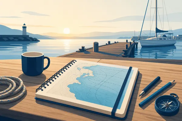 pantalán al amanecer, una libreta náutica sobre una mesa de madera, luz suave de puerto